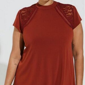 Torrid Women's Top Studio Crepe Jersey Mock Neck Lace Inset Brown‎ Size 5